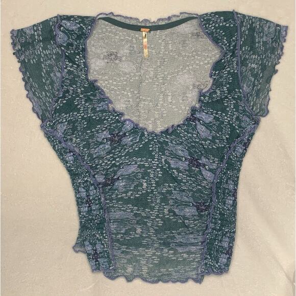 Free People Runched Scoop Neck Teal Green Floral Top Sz S NWOT - Picture 5 of 6